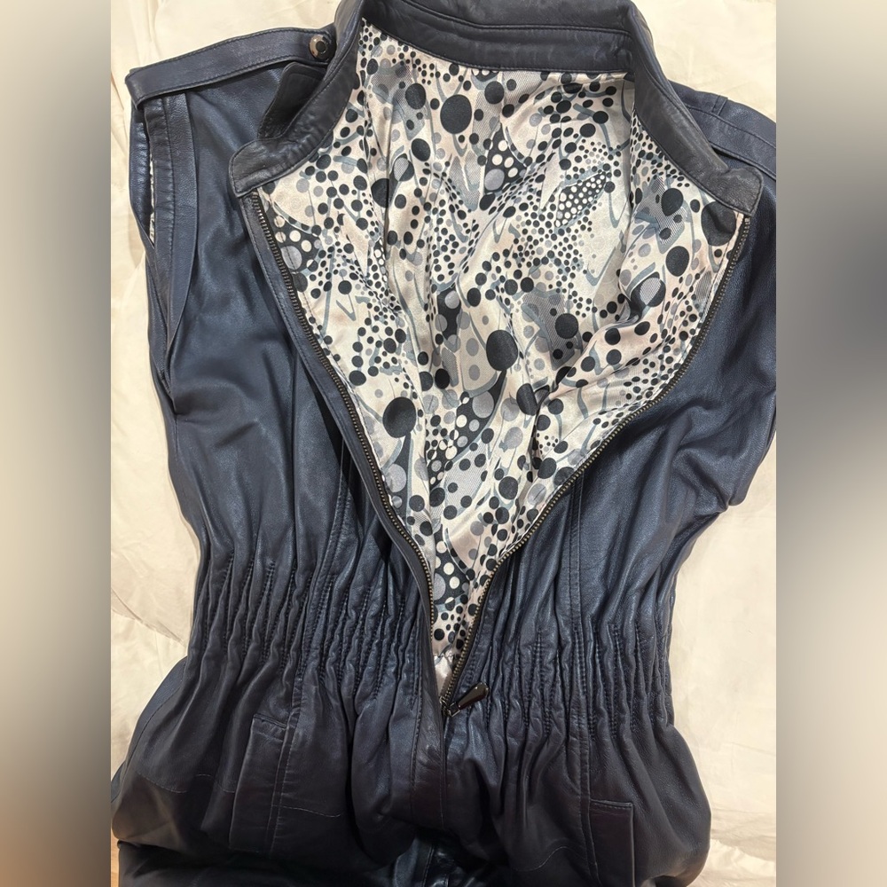 Elegant 100% Leather Navy Blue Versatile Gathered Mini Dress